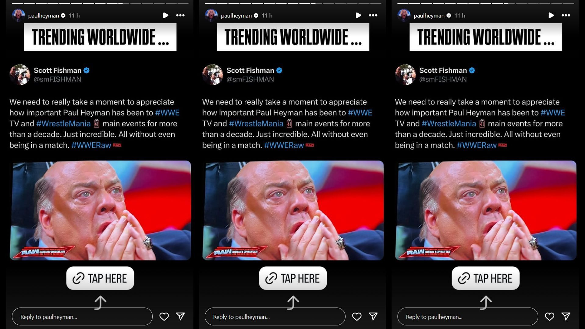 Paul Heyman shares Scott Fishman's appreciation post on his Instagram story.